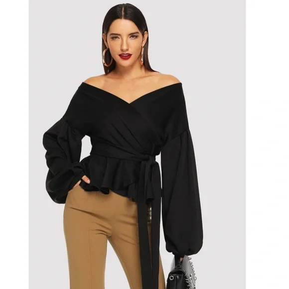 Bishop Sleeve Belt Ties Wrap Peplum Top Black V-Neck - Picture 5 of 13